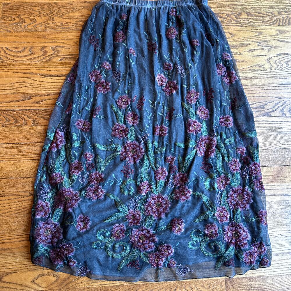 Soft Surroundings Embroidered Mesh Maxi Skirt Burgundy Floral Boho M